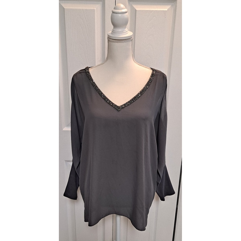 JUICY COUTURE WOMENS L SEQUINED DEEP V NECK BLOUSE TOP GRAY WITH SHOULDER CUTOUT